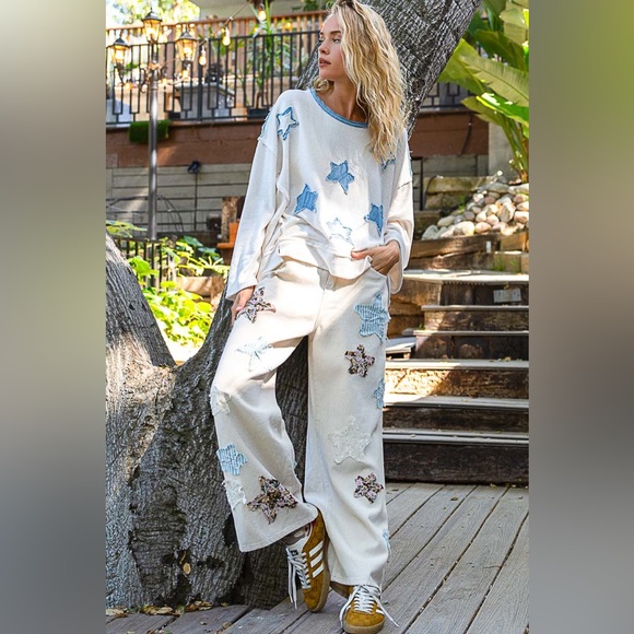 POL Cream OATMILK Star Patch Pants - Picture 1 of 9